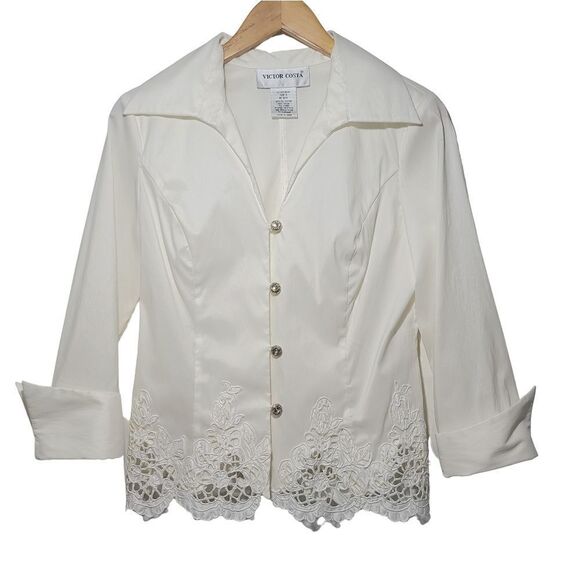 Victor Costa Vintage 70s Dimond White Cutout Shirt - Picture 1 of 11